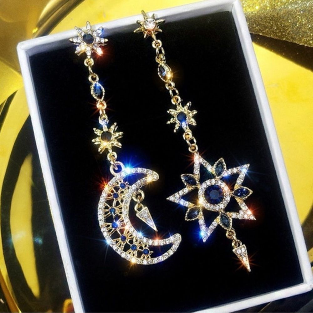 Asymmetrical Gold and Blue Moon Star Celestial Earrings
